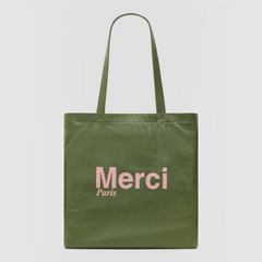 Tote bag Merci Paris x Gerard Darel en cuir de vachette lisse vert avec logo rose imprimé sur le devant